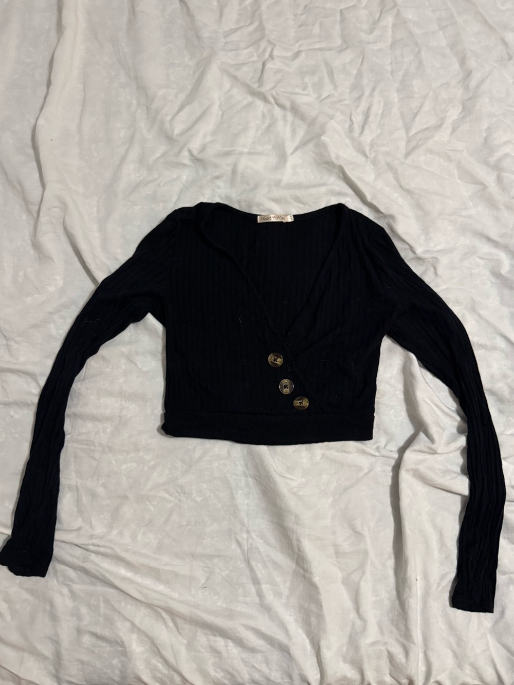 Heart Hips Black Ribbed deep v-neck Cropped Button Cardigan